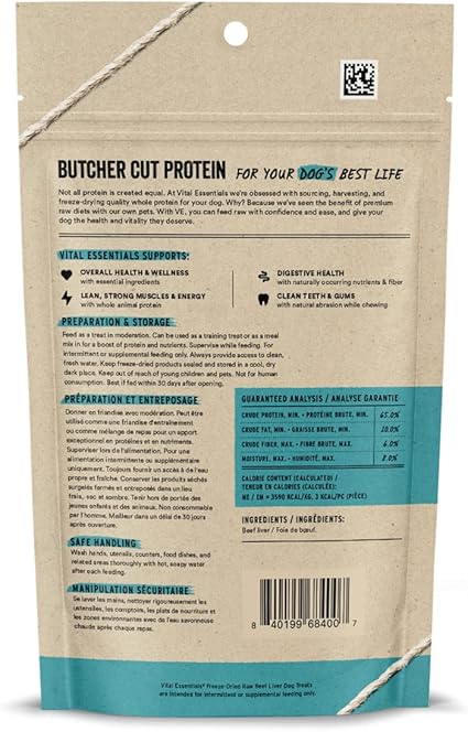 Vital Essentials Beef Liver Dog Treats, 2.1 oz | Freeze-Dried Raw | Single Ingredient | Premium Quality High Protein Training Treats | Grain Free, Gluten Free, Filler Free - Urbizia