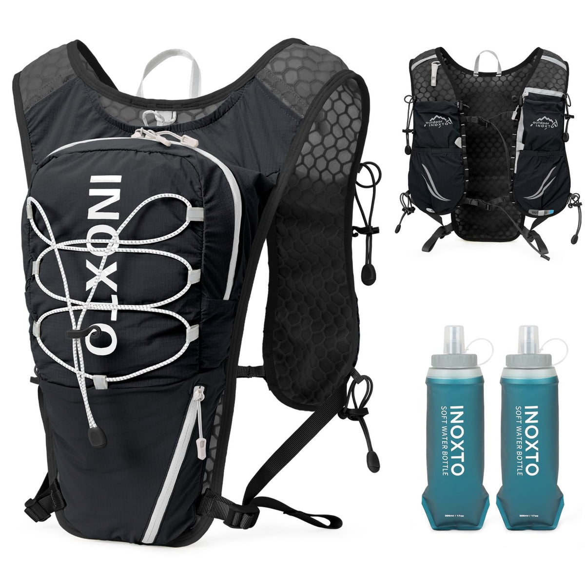 IX INOXTO Running Vest for Women Men Adjustable Chest Straps Running Hydration Vest Backpack with 500ml Soft Flask Lightweight Breathable Reflective Running Vest for Trail Running Hiking(Black)