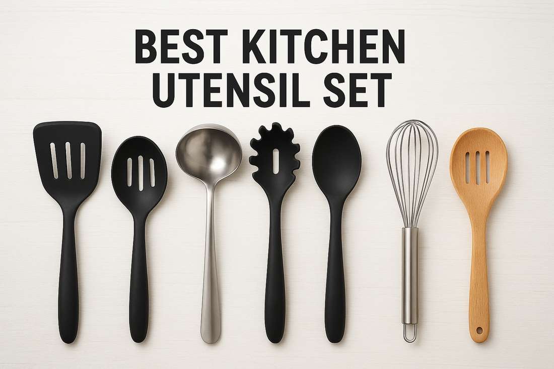 Assorted kitchen utensils set including spatula, ladle, whisk, and spoons on white background.