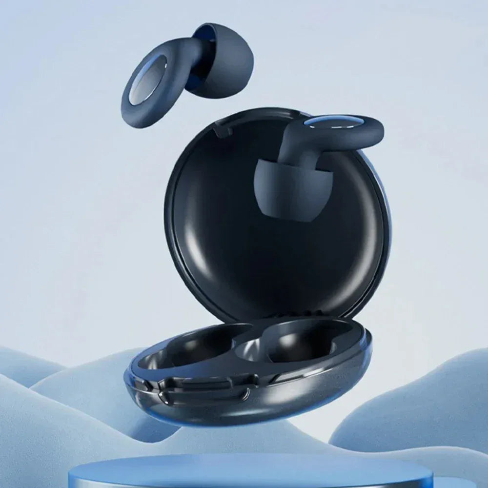 Black wireless earbuds with charging case on a light blue background