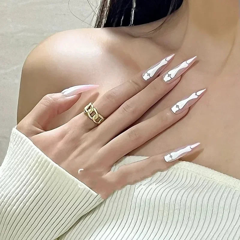 10Pcs Halloween Goth Bone Press-on Nails – Glossy Long Almond Full Cover False Nail Design for Women & Girls