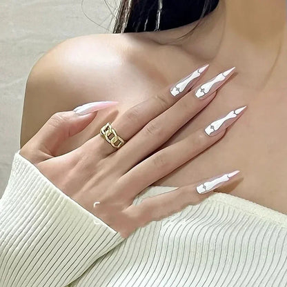 10Pcs Halloween Goth Bone Press-on Nails – Glossy Long Almond Full Cover False Nail Design for Women & Girls