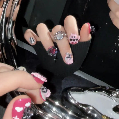 10Pcs Handmade Press-on Nails – Cute Pink Ghost & Crystal Love Halloween Design