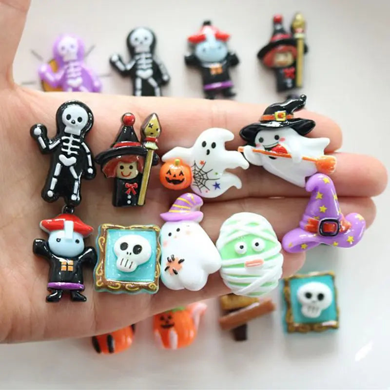 10Pcs Resin Halloween Ghosts, Skeletons & Pumpkins – Flat Back Embellishments