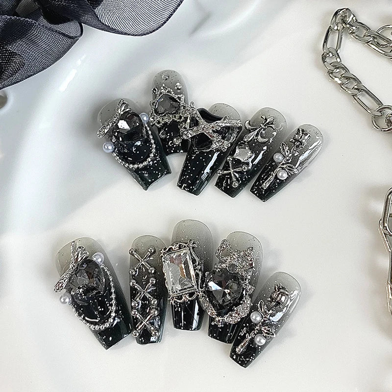 10pcs Handmade Coffin Shaped Gothic Fake Nails – Dark Nail Art with Cool Metal Decoration for Women