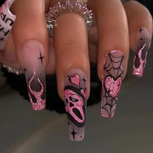 24Pcs Glitter Pink Sequins Fake Nails – Halloween Skull & Love Print Ballet Press-on Nails