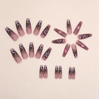 24Pcs Glitter Pink Sequins Fake Nails – Halloween Skull & Love Print Ballet Press-on Nails