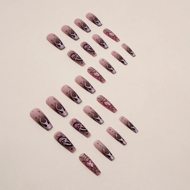 24Pcs Glitter Pink Sequins Fake Nails – Halloween Skull & Love Print Ballet Press-on Nails