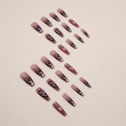 24Pcs Glitter Pink Sequins Fake Nails – Halloween Skull & Love Print Ballet Press-on Nails
