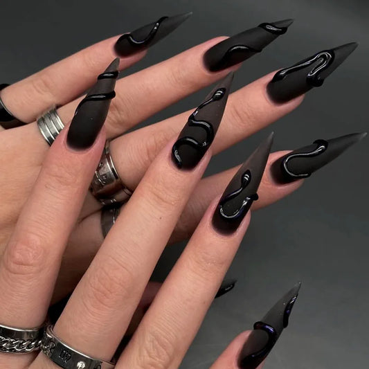 24Pcs Halloween Dark Scrub Fake Nails – Super Long Pointy Press-on Nails with 3D Black Snake Design