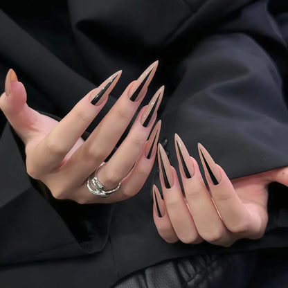 24Pcs Halloween Dark Scrub Fake Nails – Super Long Pointy Press-on Nails with 3D Black Snake Design
