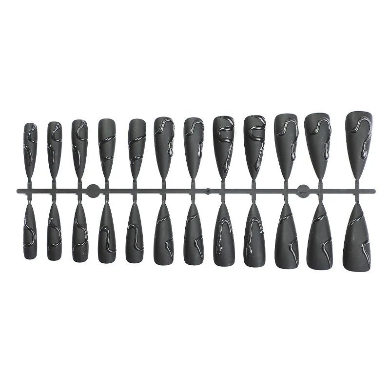 24Pcs Halloween Dark Scrub Fake Nails – Super Long Pointy Press-on Nails with 3D Black Snake Design