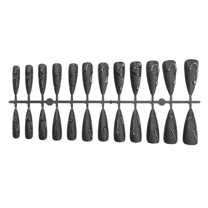 24Pcs Halloween Dark Scrub Fake Nails – Super Long Pointy Press-on Nails with 3D Black Snake Design