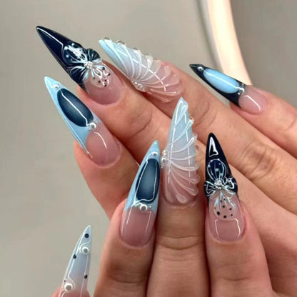 24Pcs Halloween Dark Scrub Fake Nails – Super Long Pointy Press-on Nails with 3D Black Snake Design