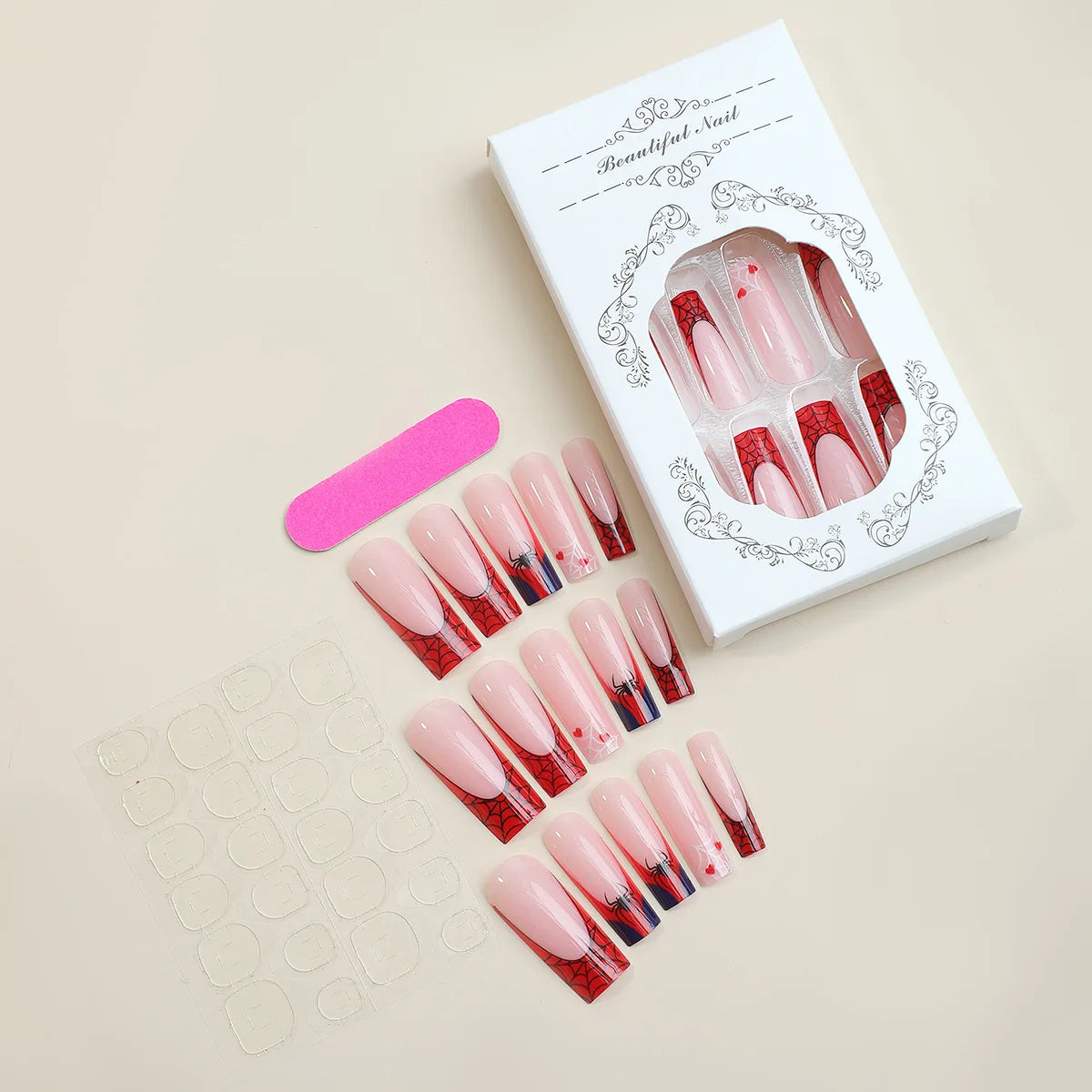 24Pcs Halloween Spider Fake Nails – Printed French Coffin Ballet Press-on Nails