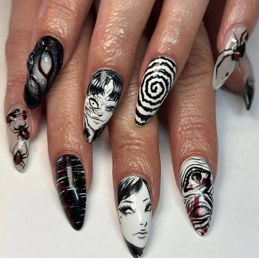 24Pcs Horror Comic Tomie Press on Nails – Almond Glossy Black Japanese Anime Nails, Reusable Halloween False Nail Tips