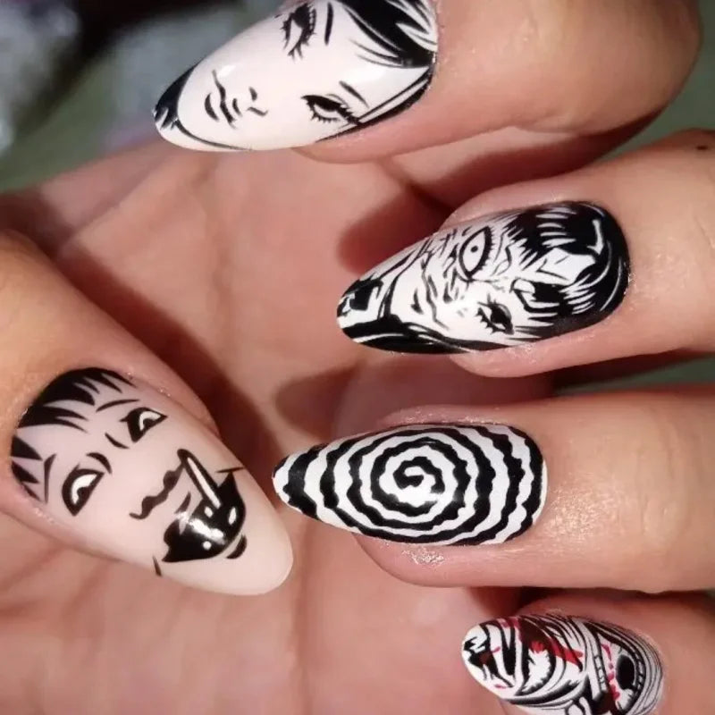 24Pcs Horror Comic Tomie Press on Nails – Almond Glossy Black Japanese Anime Nails, Reusable Halloween False Nail Tips