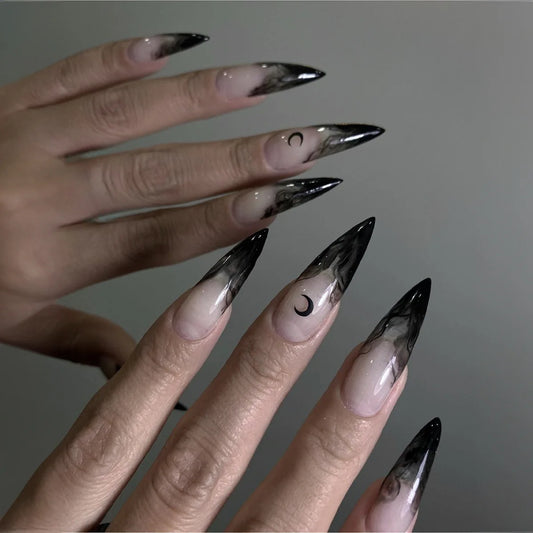 24Pcs Long Almond Fake Nails – Detachable French Ballet Halloween Press-on Full Cover Nail Tips