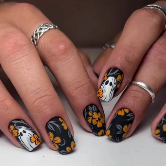 24Pcs Short Square Matte Press-on Nails – Floral & Ghost Halloween Dark Forest Fake Nail Kit