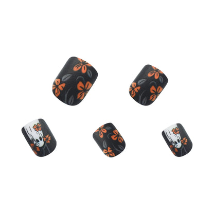 24Pcs Short Square Matte Press-on Nails – Floral & Ghost Halloween Dark Forest Fake Nail Kit
