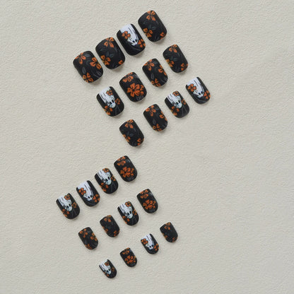 24Pcs Short Square Matte Press-on Nails – Floral & Ghost Halloween Dark Forest Fake Nail Kit