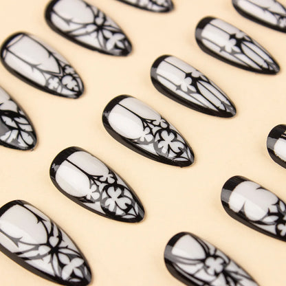 24 Pcs Gothic White Glossy Almond Fake Nails – Long Press On Nails with Jelly Tabs for Halloween