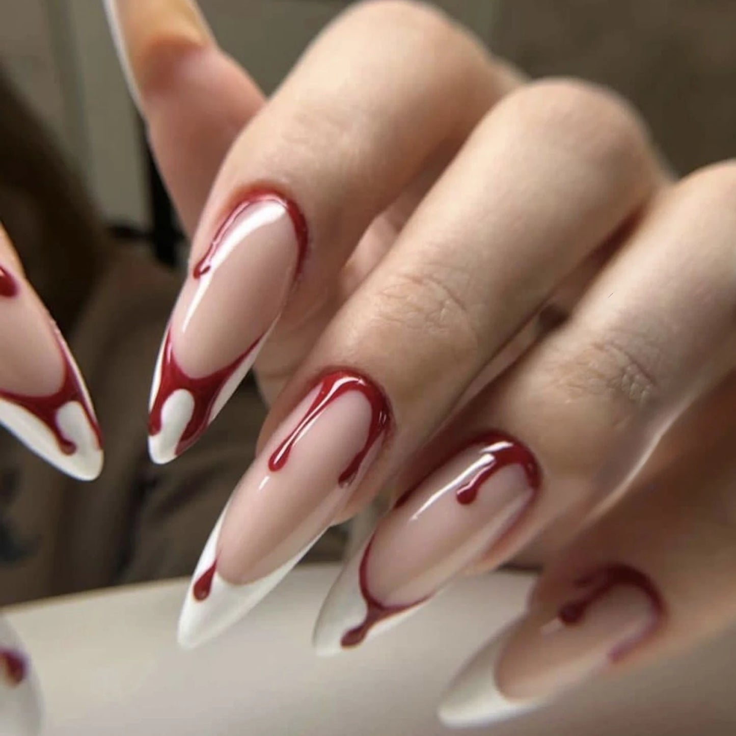 24pcs Blood Red Gradient Long Pointed Fake Nails – Full Cover Halloween Press-On Nail Tips