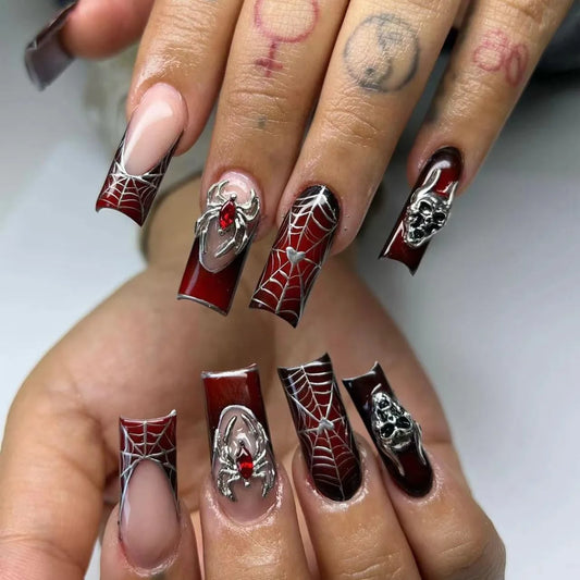 24pcs Halloween Press-On Nails – Gothic Punk 3D Spider Skull Design, Black Y2K Coffin French Fake Nails