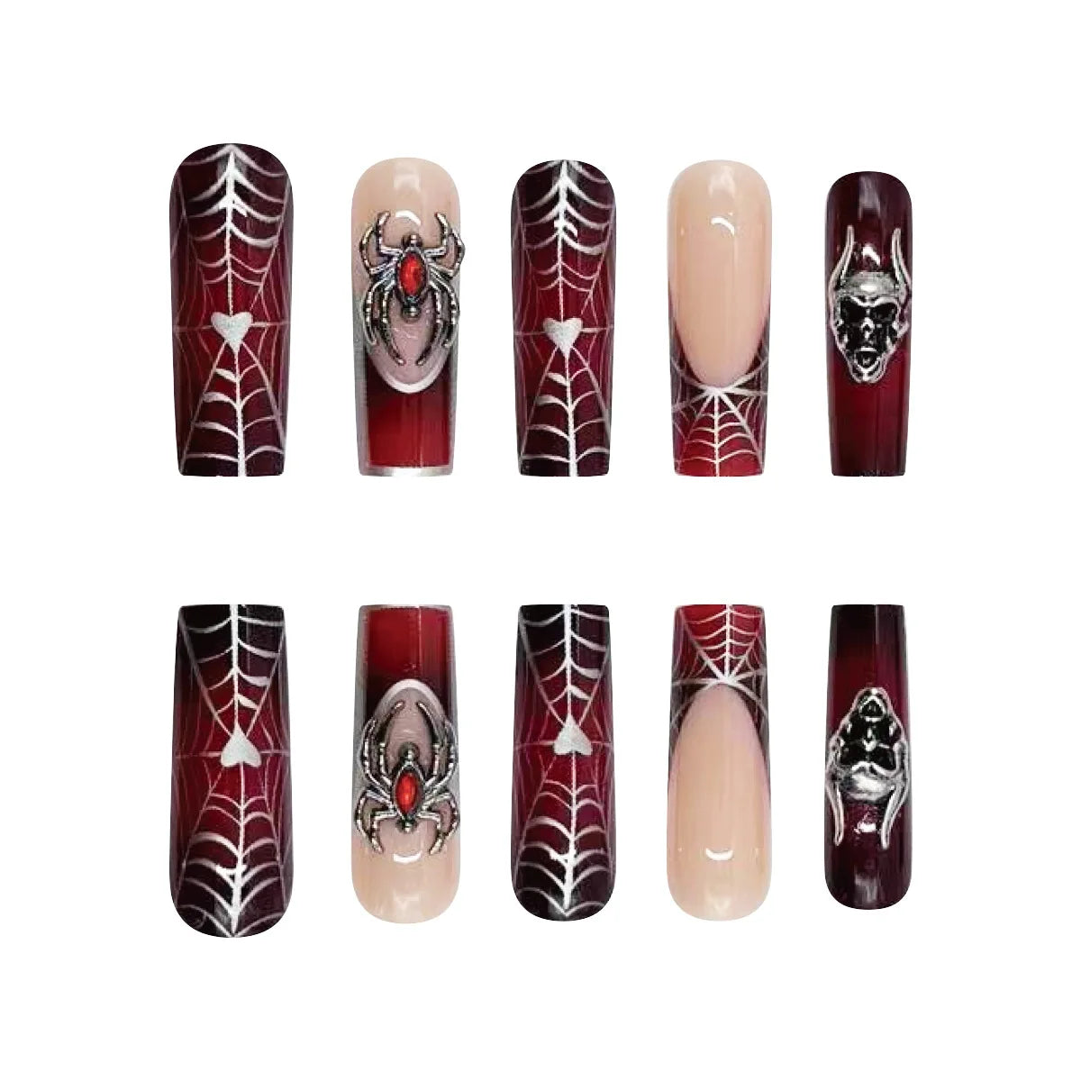 24pcs Halloween Press-On Nails – Gothic Punk 3D Spider Skull Design, Black Y2K Coffin French Fake Nails