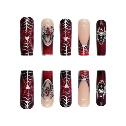 24pcs Halloween Press-On Nails – Gothic Punk 3D Spider Skull Design, Black Y2K Coffin French Fake Nails