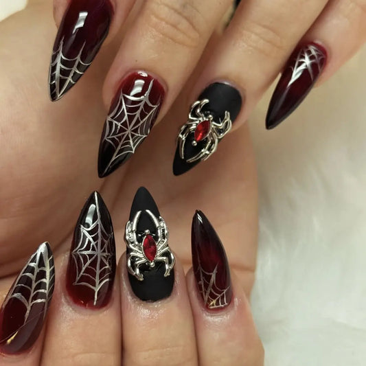24pcs Silver Spider Design Press-On Nails – Gothic Punk Almond Shaped Halloween False Nail Tips