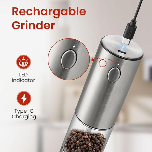 Electric Salt & Pepper Grinder Set – Rechargeable, Adjustable Coarseness, Stainless Steel with Light - Urbizia