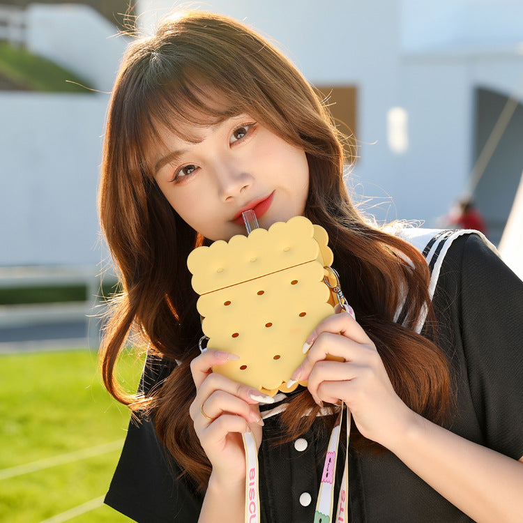 Girl Heart Square Biscuit with Portable Straw Cup