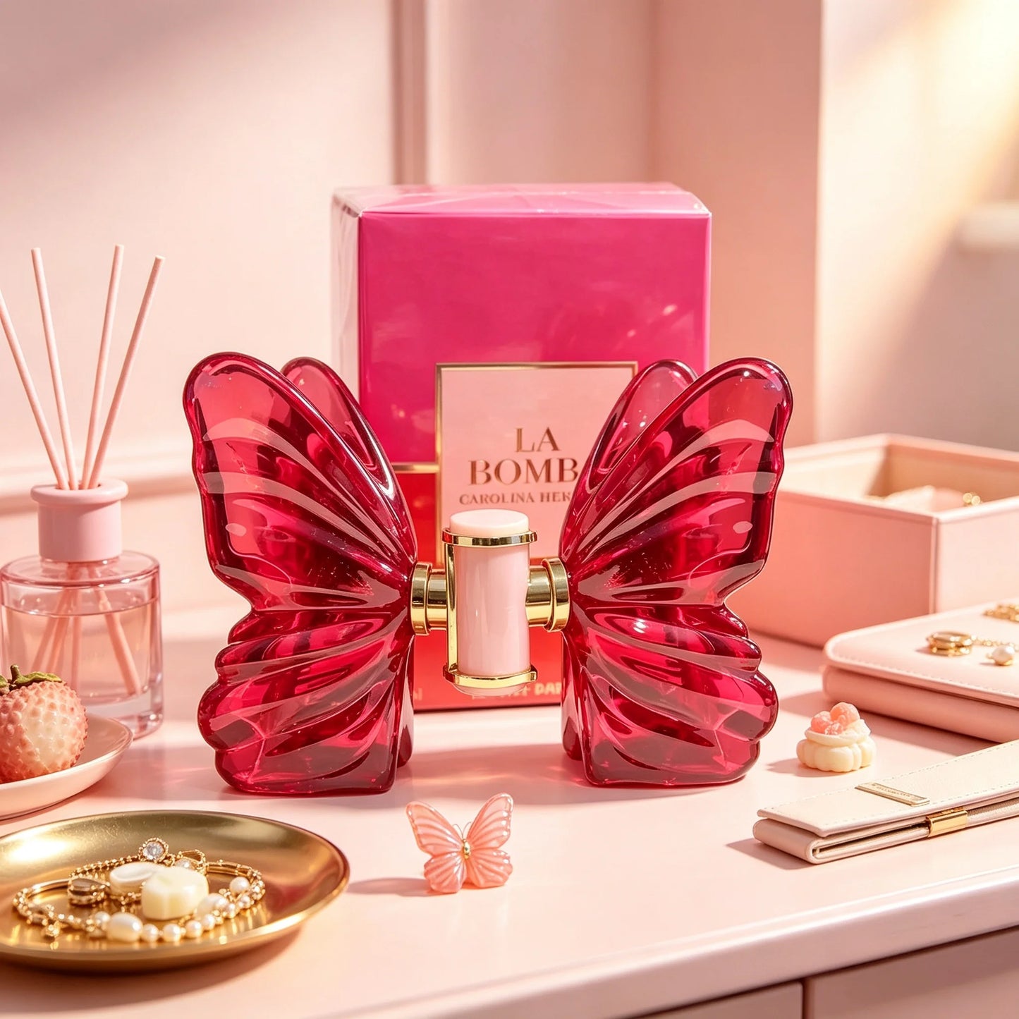 La a by Carolina Herrera Ladies Perfume Complete Hot Pink Two-Tone Gradient Gift Box Gloss Fuchsia Sculpted Butterfly Glass Vessel Pink Gold Trim Spray Top Lush Sweet Tropical Floral Fragrance Instagram Viral Birthday Travel