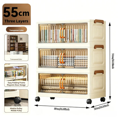 5-tier foldable stackable plastic storage cabinet, no assembly needed, with magnetic vertical transparent double doors and brown handles, foldable rolling storage box, 58cm wide, with universal wheels, perfect for organizing