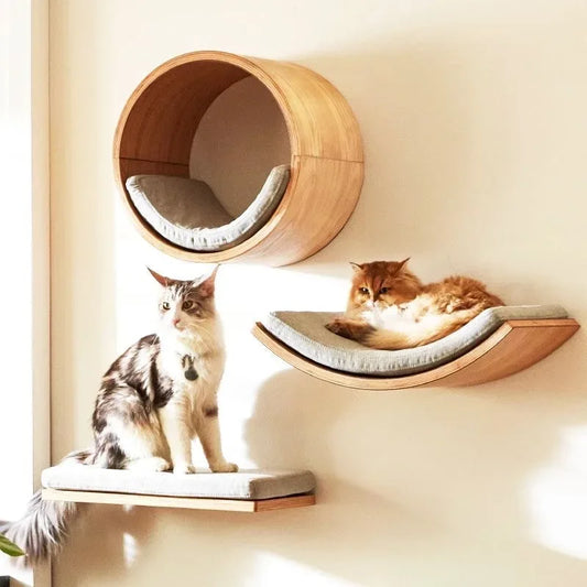 Wooden Cat Climbing Shelves Wall Mounted Cat Tree Sisal Scratching Post Pedal Hammock Indoor Kitten Playground Cats Accessories - Urbizia