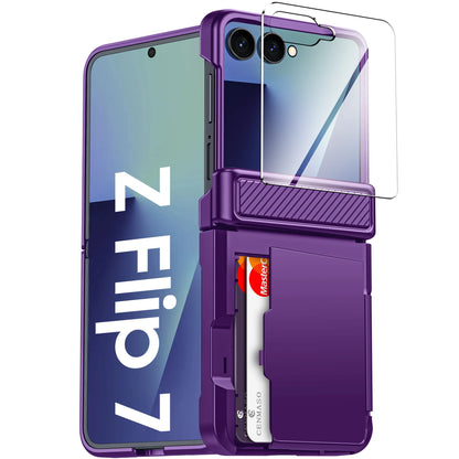 For Galaxy Z Flip 7 With Card Holder,RFID,HD Protector,Rugged Anti-Scratch Full Shockproof Phone Case For Halloween Gifts-Blue