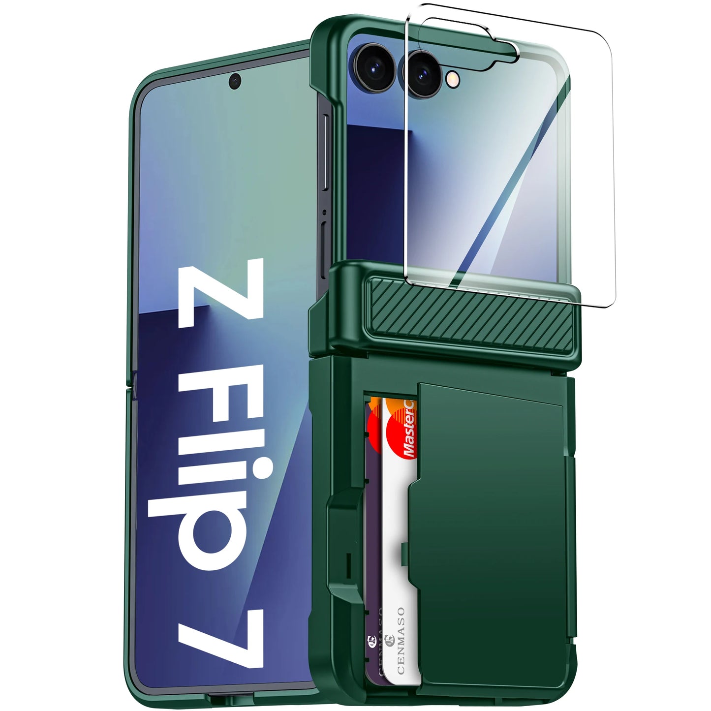 For Galaxy Z Flip 7 With Card Holder,RFID,HD Protector,Rugged Anti-Scratch Full Shockproof Phone Case For Halloween Gifts-Blue
