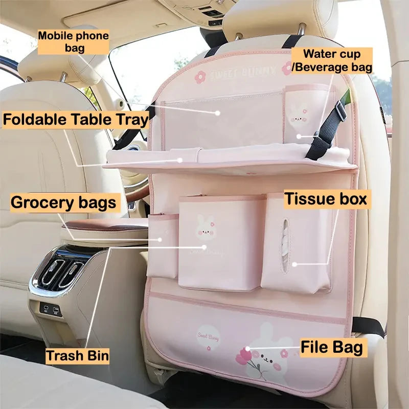 Leather Deluxe Car Seat Back Organizer-Multi-Function Storage, Foldable Dining Table Tray,Anti-Kick Pad,Decorative Car Accessory