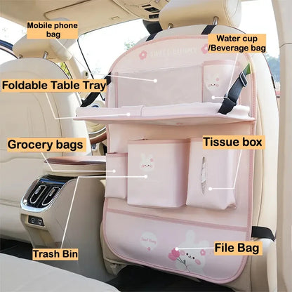 Leather Deluxe Car Seat Back Organizer-Multi-Function Storage, Foldable Dining Table Tray,Anti-Kick Pad,Decorative Car Accessory