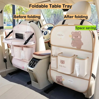 Leather Deluxe Car Seat Back Organizer-Multi-Function Storage, Foldable Dining Table Tray,Anti-Kick Pad,Decorative Car Accessory