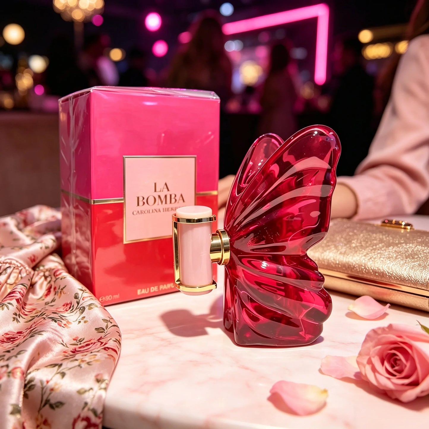 La a by Carolina Herrera Ladies Perfume Complete Hot Pink Two-Tone Gradient Gift Box Gloss Fuchsia Sculpted Butterfly Glass Vessel Pink Gold Trim Spray Top Lush Sweet Tropical Floral Fragrance Instagram Viral Birthday Travel