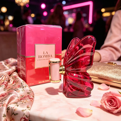 La a by Carolina Herrera Ladies Perfume Complete Hot Pink Two-Tone Gradient Gift Box Gloss Fuchsia Sculpted Butterfly Glass Vessel Pink Gold Trim Spray Top Lush Sweet Tropical Floral Fragrance Instagram Viral Birthday Travel