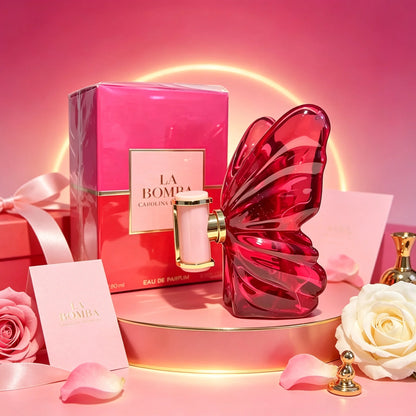 La a by Carolina Herrera Ladies Perfume Complete Hot Pink Two-Tone Gradient Gift Box Gloss Fuchsia Sculpted Butterfly Glass Vessel Pink Gold Trim Spray Top Lush Sweet Tropical Floral Fragrance Instagram Viral Birthday Travel