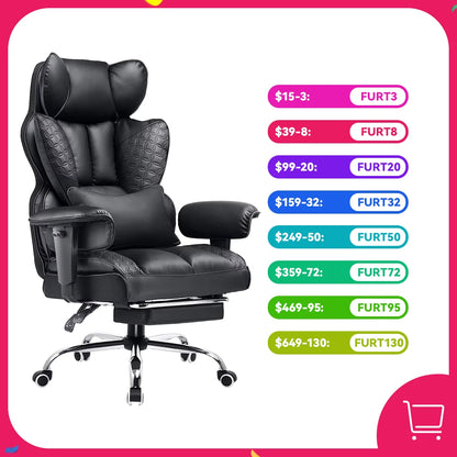 Office Chair Ergonomic Leather High Back Gaming Chair with Footrest, Adjustable Armrests