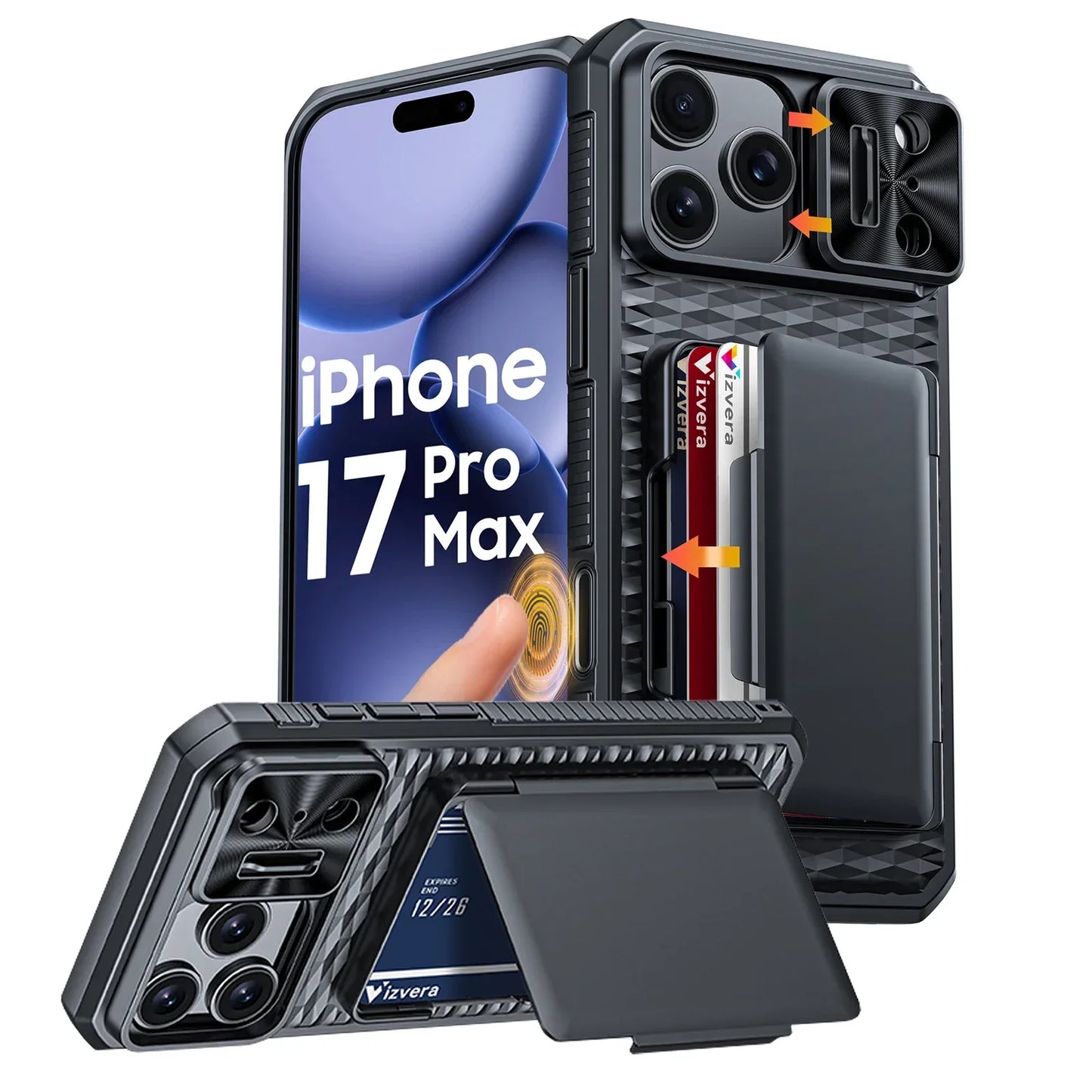 （Defective products, can be reordered）With Card Holder Sliding Camera Cover For 17 Pro Max Phone Case,PC+TPU Wallet Case