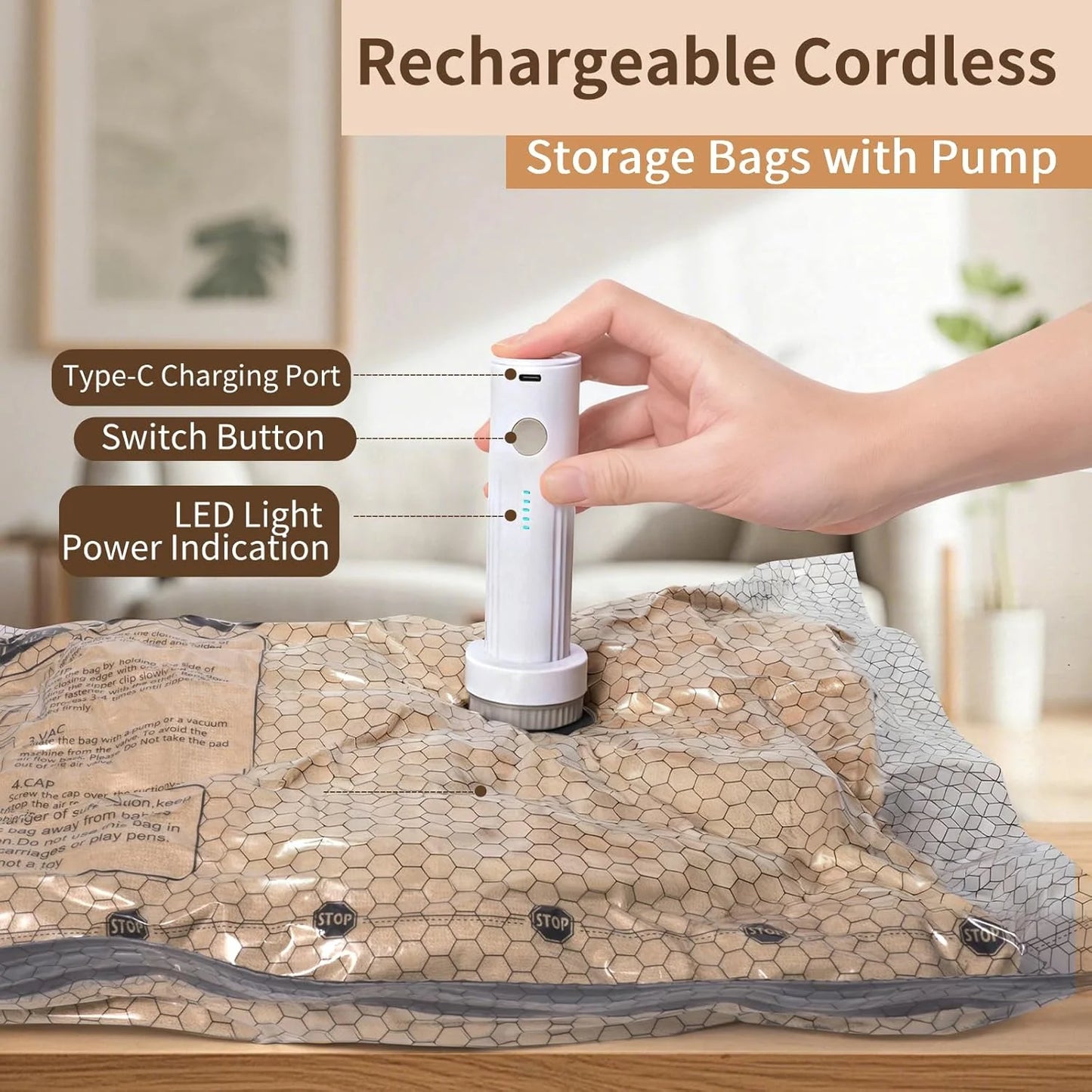 Vacuum Bags for Travel with Rechargeable Air Pump, Carry-on Size Compression Packing Bags for Luggage and Suitcase, Space Saver
