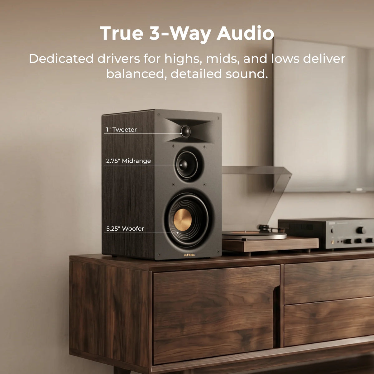 ULTIMEA 5.25'' Three-way Bookshelf Speakers, 70W RMS, App Control, Edge Horn Tech & BassMX, Home Theater Subwoofer, Auracast