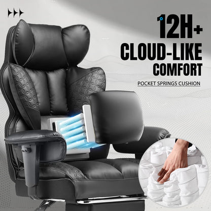 Office Chair Ergonomic Leather High Back Gaming Chair with Footrest, Adjustable Armrests
