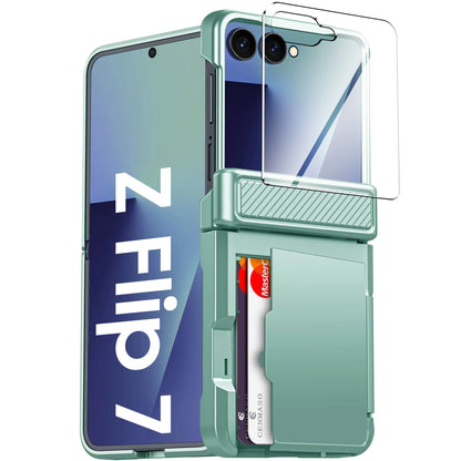For Galaxy Z Flip 7 With Card Holder,RFID,HD Protector,Rugged Anti-Scratch Full Shockproof Phone Case For Halloween Gifts-Blue